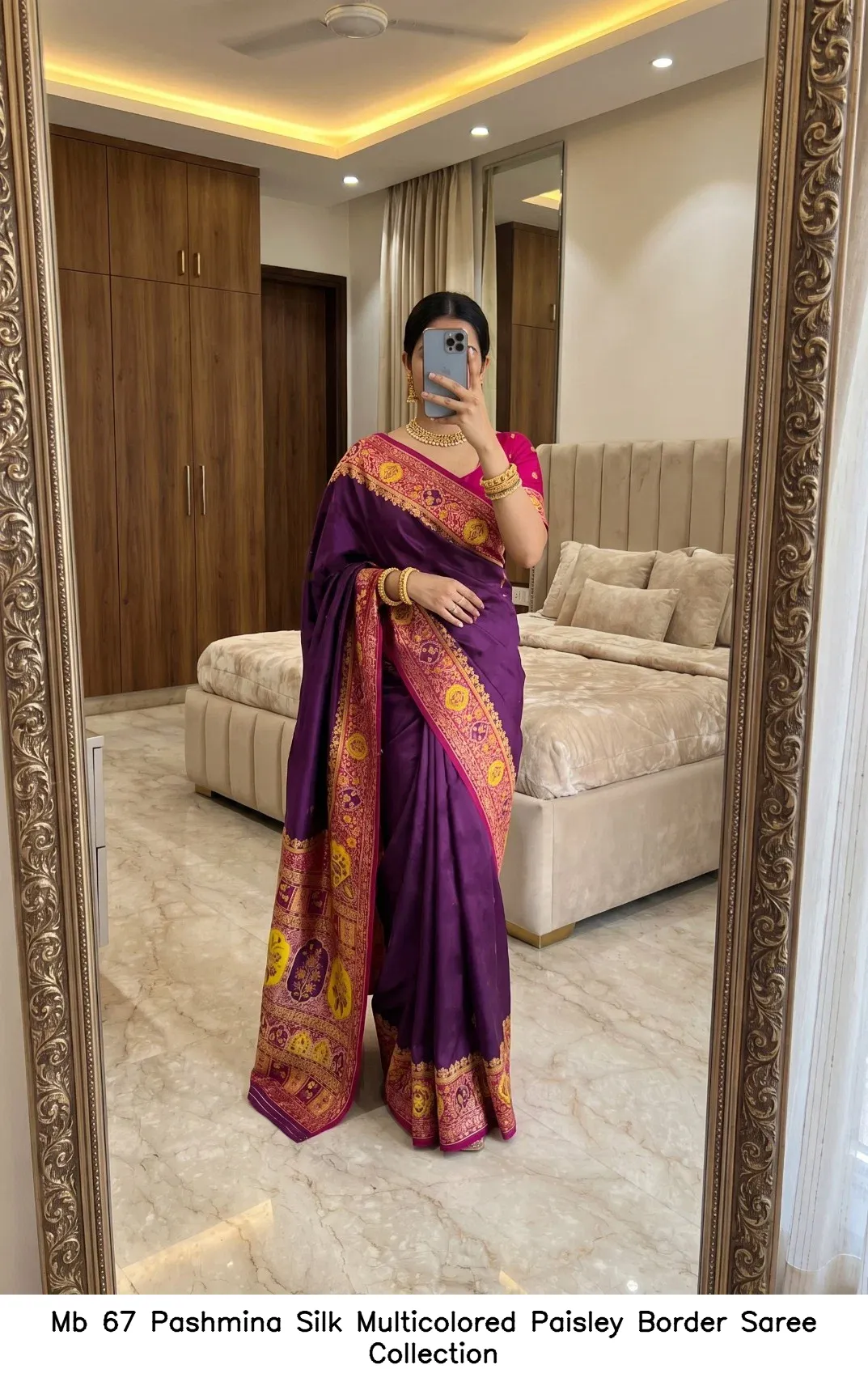 Mb 67 Pashmina Silk Multicolored Paisley Border Saree Collection - Image 6