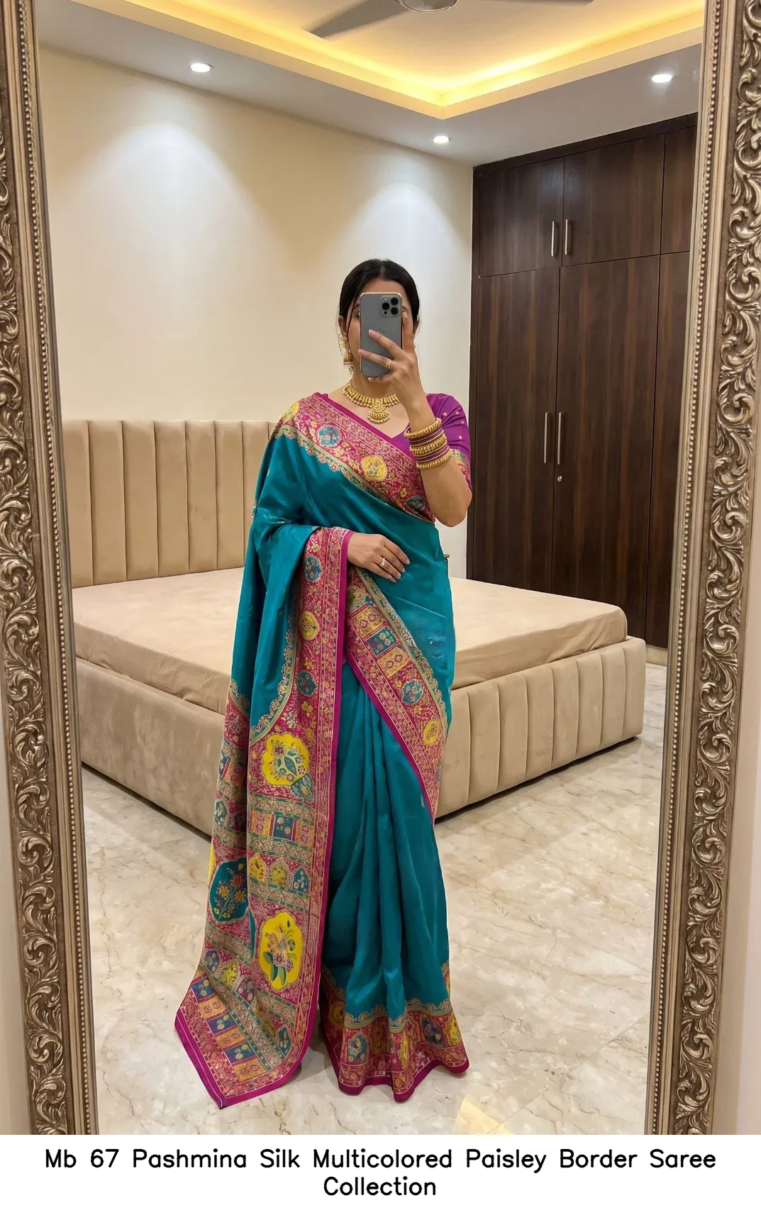 Mb 67 Pashmina Silk Multicolored Paisley Border Saree Collection - Image 9