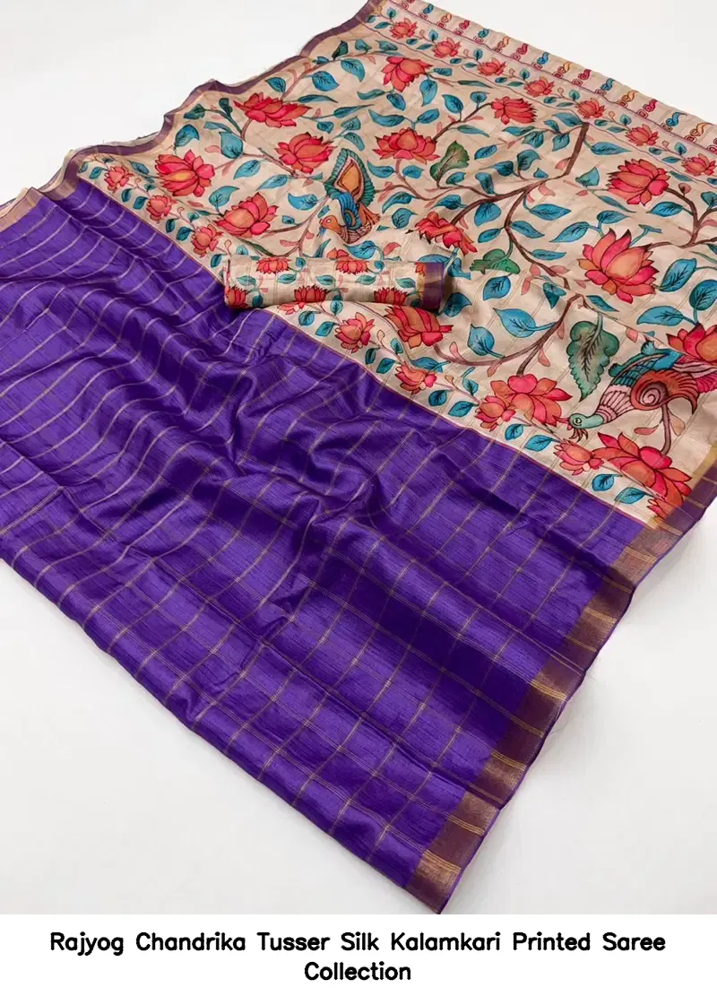 Rajyog Chandrika Tusser Silk Kalamkari Printed Saree Collection