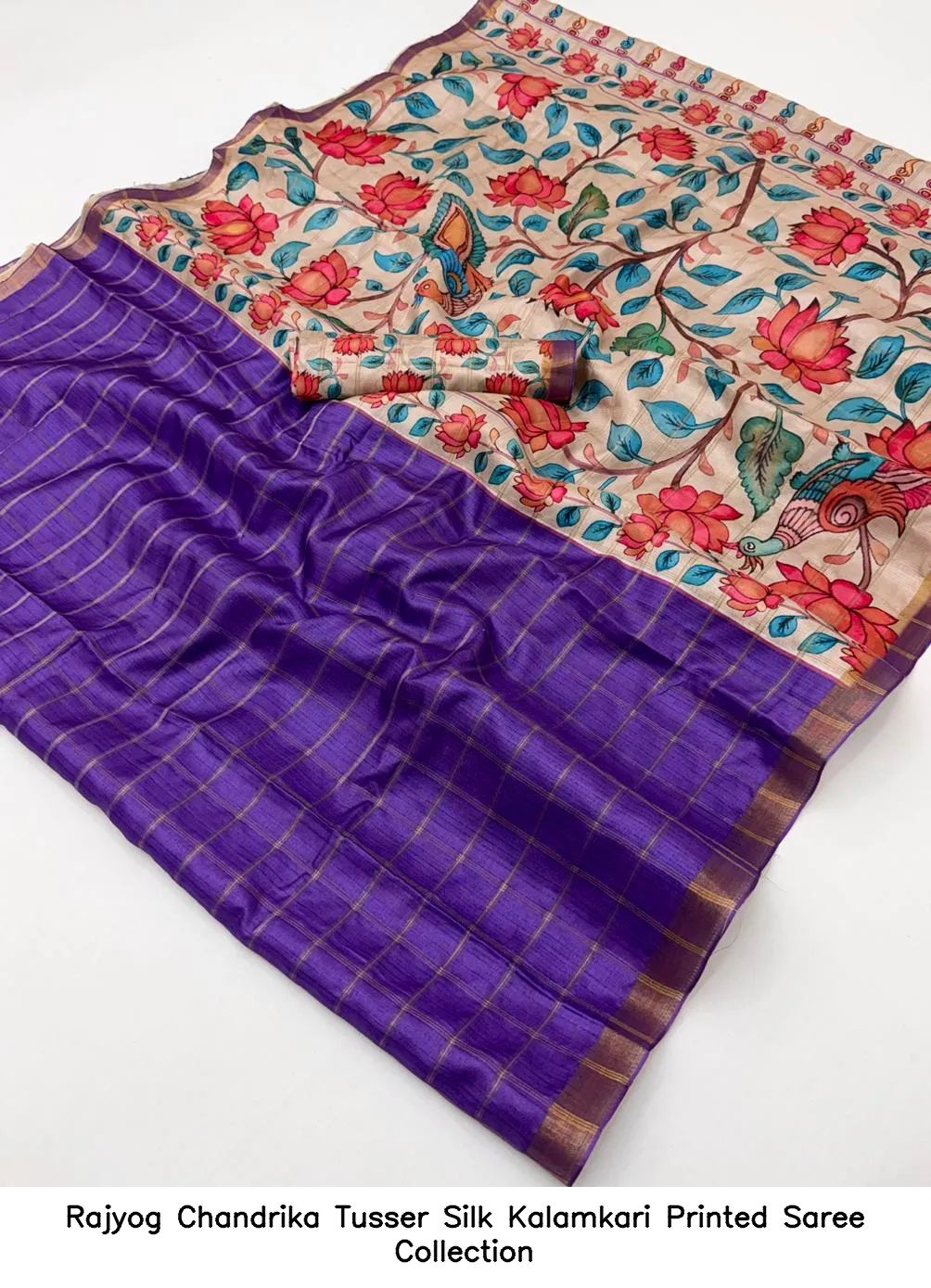 Rajyog Chandrika Tusser Silk Kalamkari Printed Saree Collection - Image 12