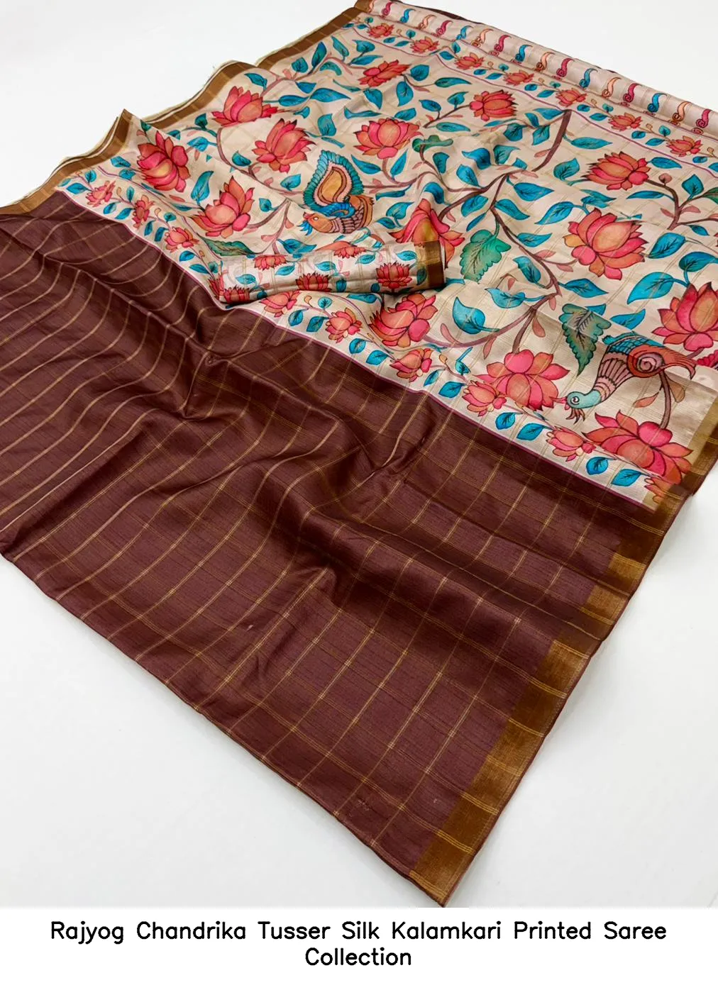 Rajyog Chandrika Tusser Silk Kalamkari Printed Saree Collection - Image 3