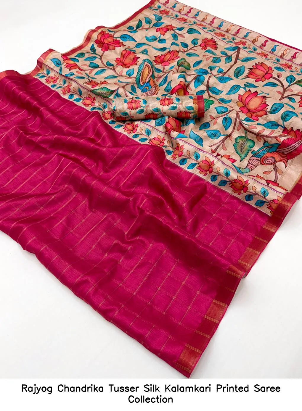 Rajyog Chandrika Tusser Silk Kalamkari Printed Saree Collection - Image 7