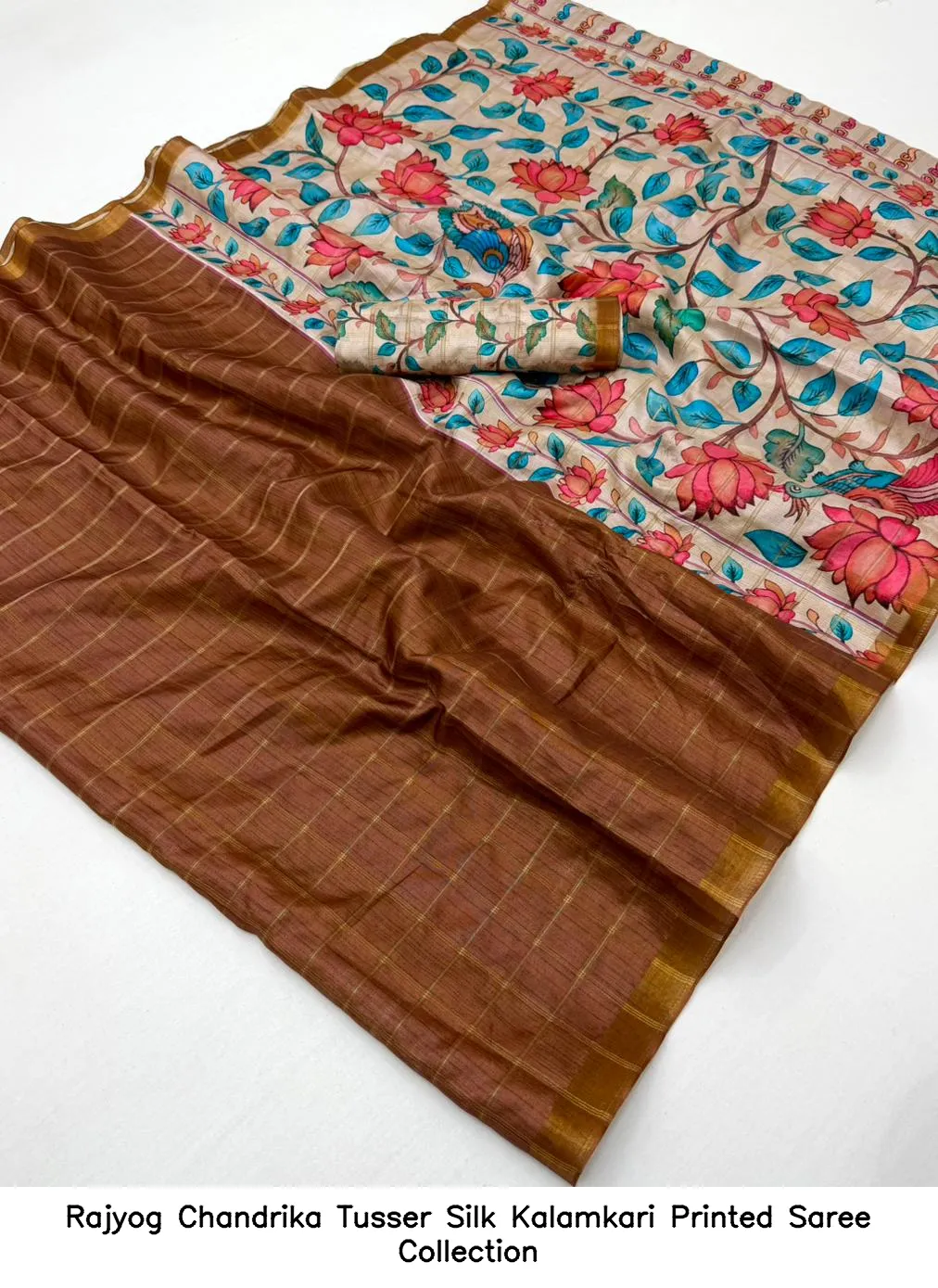 Rajyog Chandrika Tusser Silk Kalamkari Printed Saree Collection - Image 9