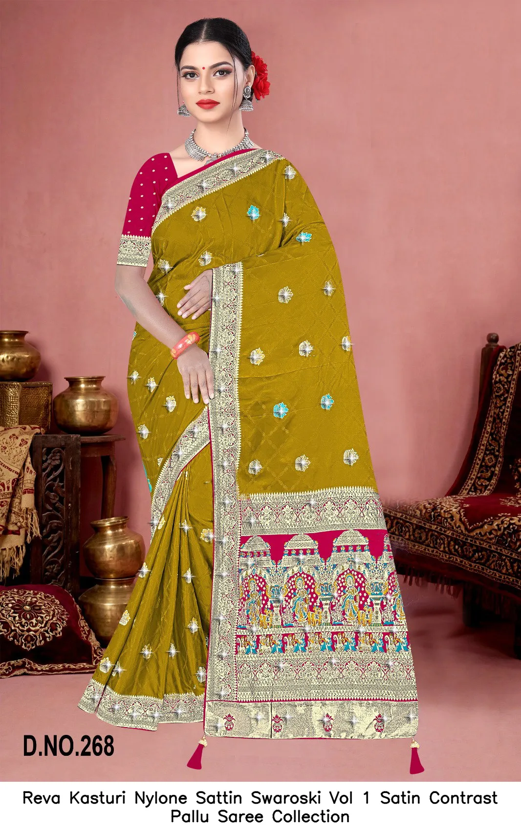 Reva Kasturi Nylone Sattin Swaroski Vol 1 Satin Contrast Pallu Saree Collection - Image 2