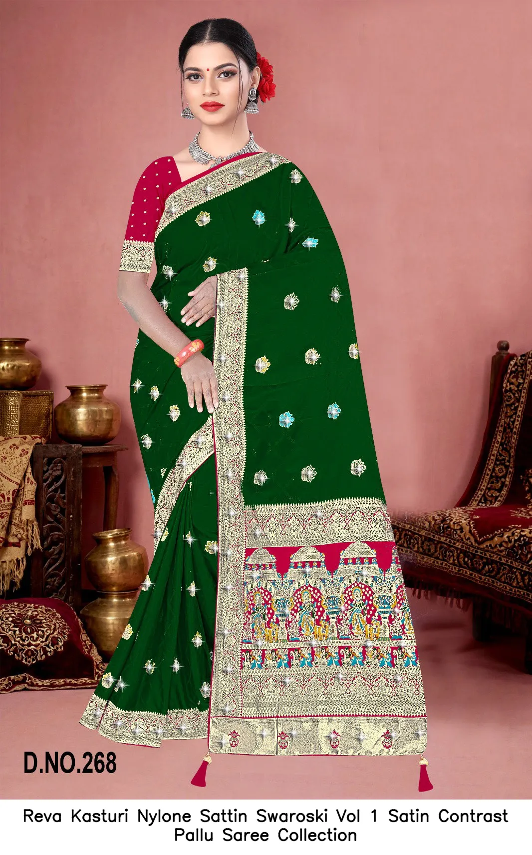 Reva Kasturi Nylone Sattin Swaroski Vol 1 Satin Contrast Pallu Saree Collection - Image 3