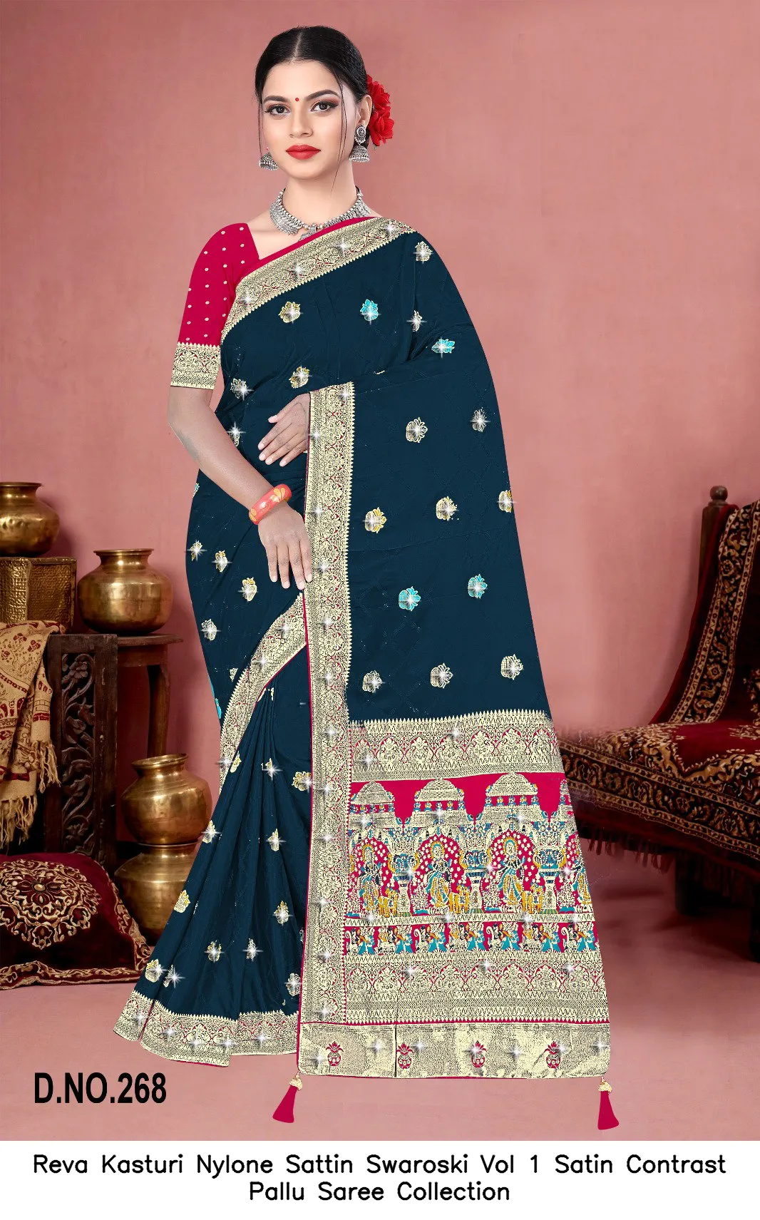 Reva Kasturi Nylone Sattin Swaroski Vol 1 Satin Contrast Pallu Saree Collection - Image 4