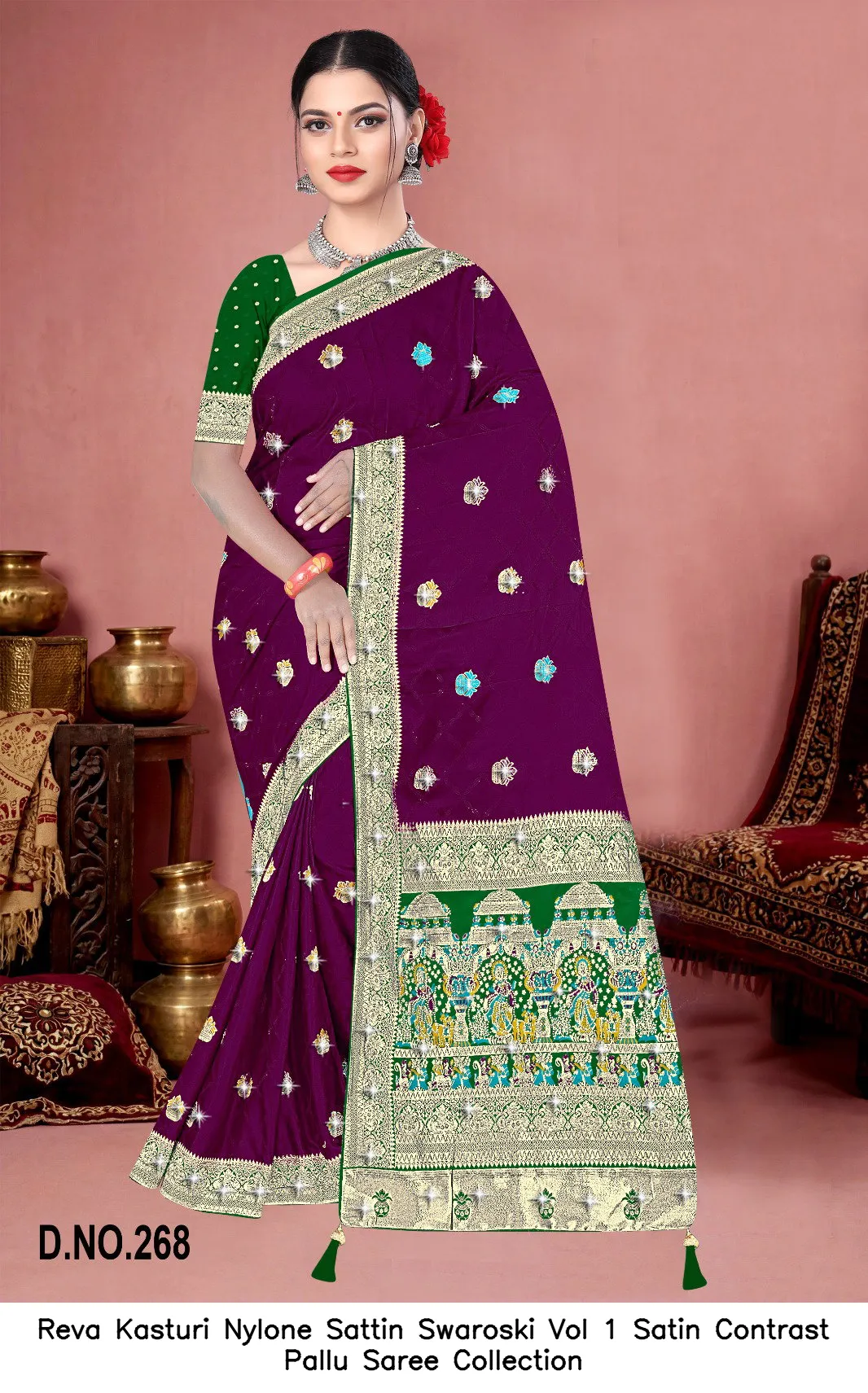 Reva Kasturi Nylone Sattin Swaroski Vol 1 Satin Contrast Pallu Saree Collection - Image 5
