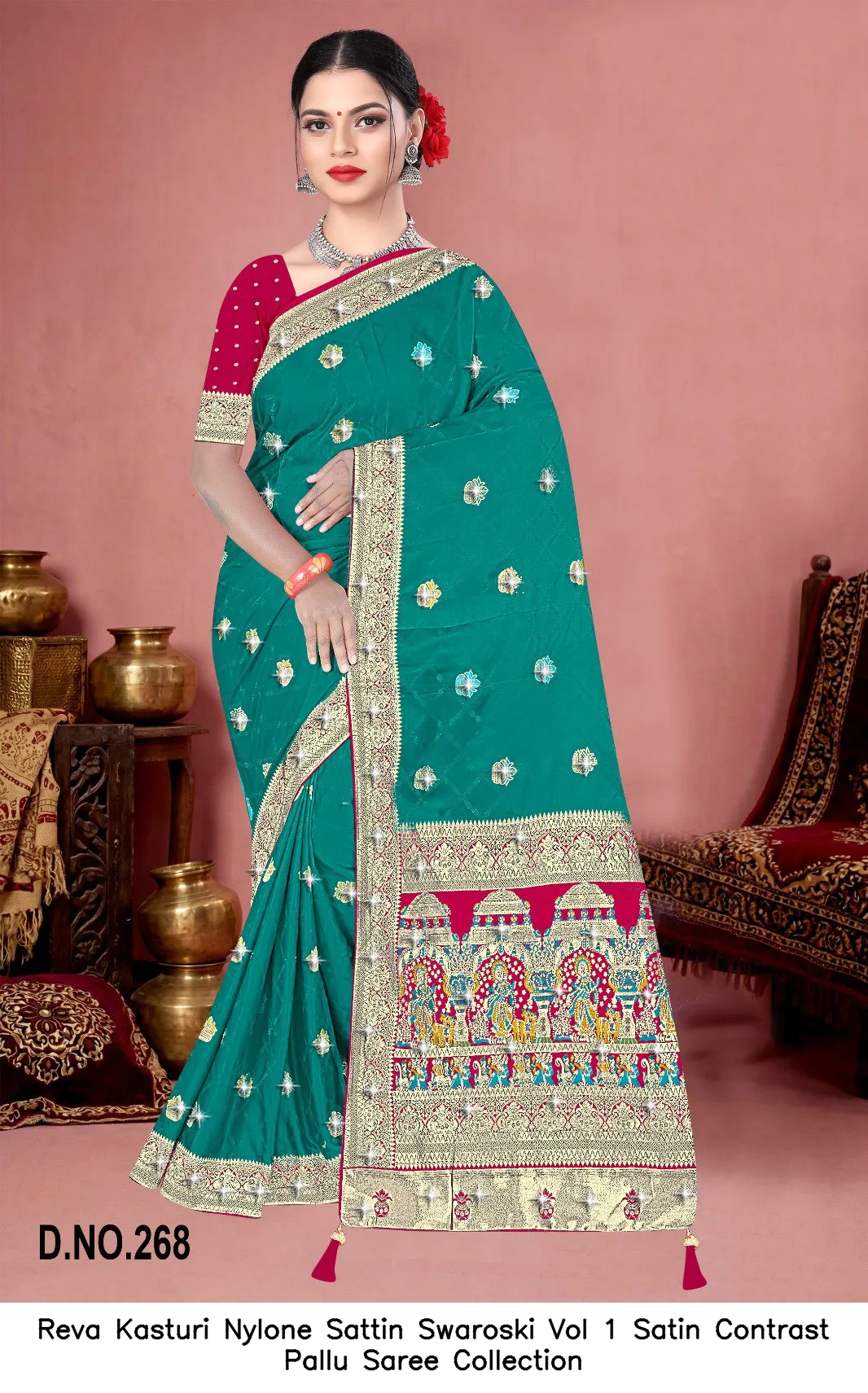 Reva Kasturi Nylone Sattin Swaroski Vol 1 Satin Contrast Pallu Saree Collection - Image 6