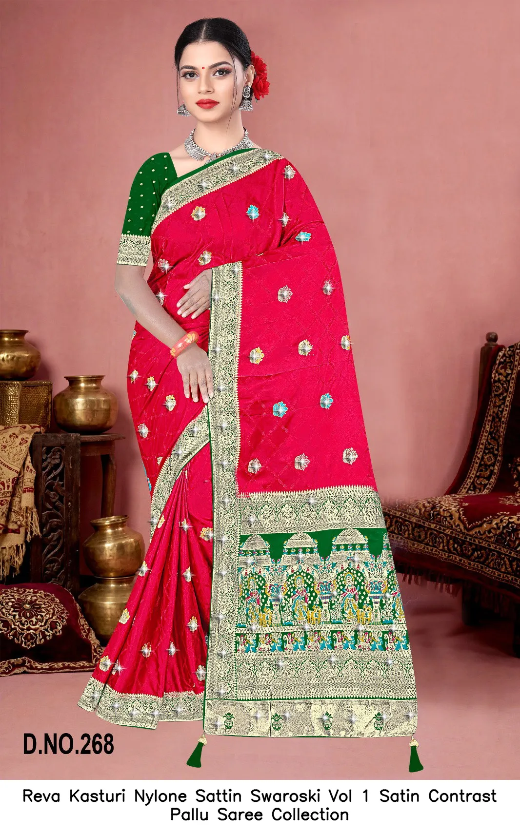 Reva Kasturi Nylone Sattin Swaroski Vol 1 Satin Contrast Pallu Saree Collection - Image 7
