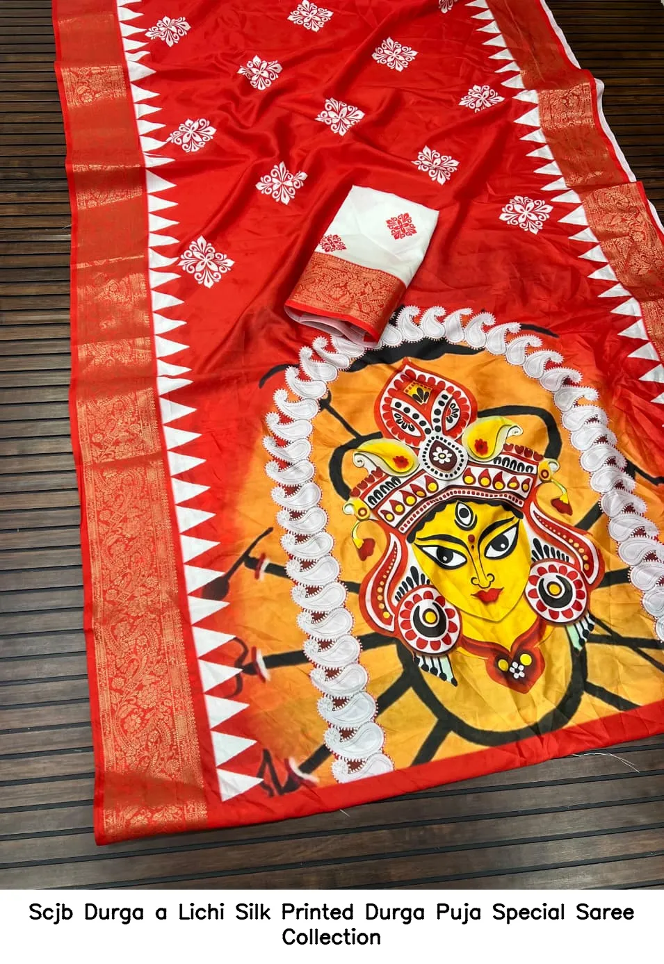 Scjb Durga a Lichi Silk Printed Durga Puja Special Saree Collection - Image 4