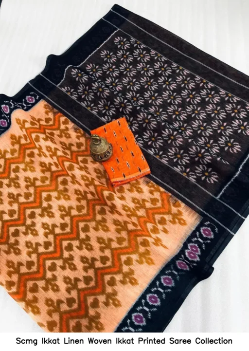 Scmg Ikkat Linen Woven Ikkat Printed Saree Collection