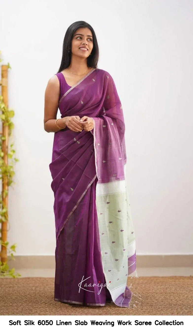 Soft Silk 6050 Linen Slab Weaving Work Saree Collection - Image 3