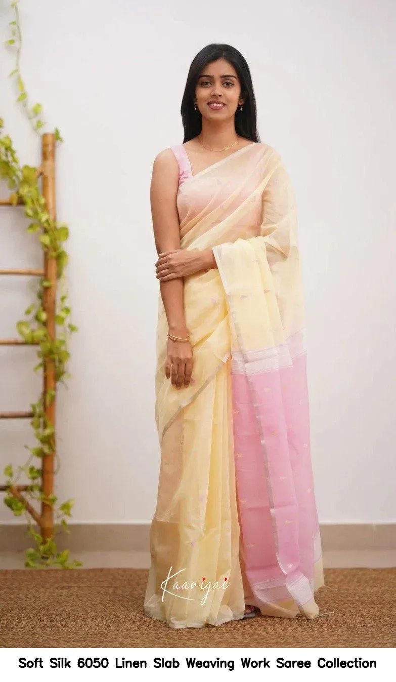 Soft Silk 6050 Linen Slab Weaving Work Saree Collection - Image 6