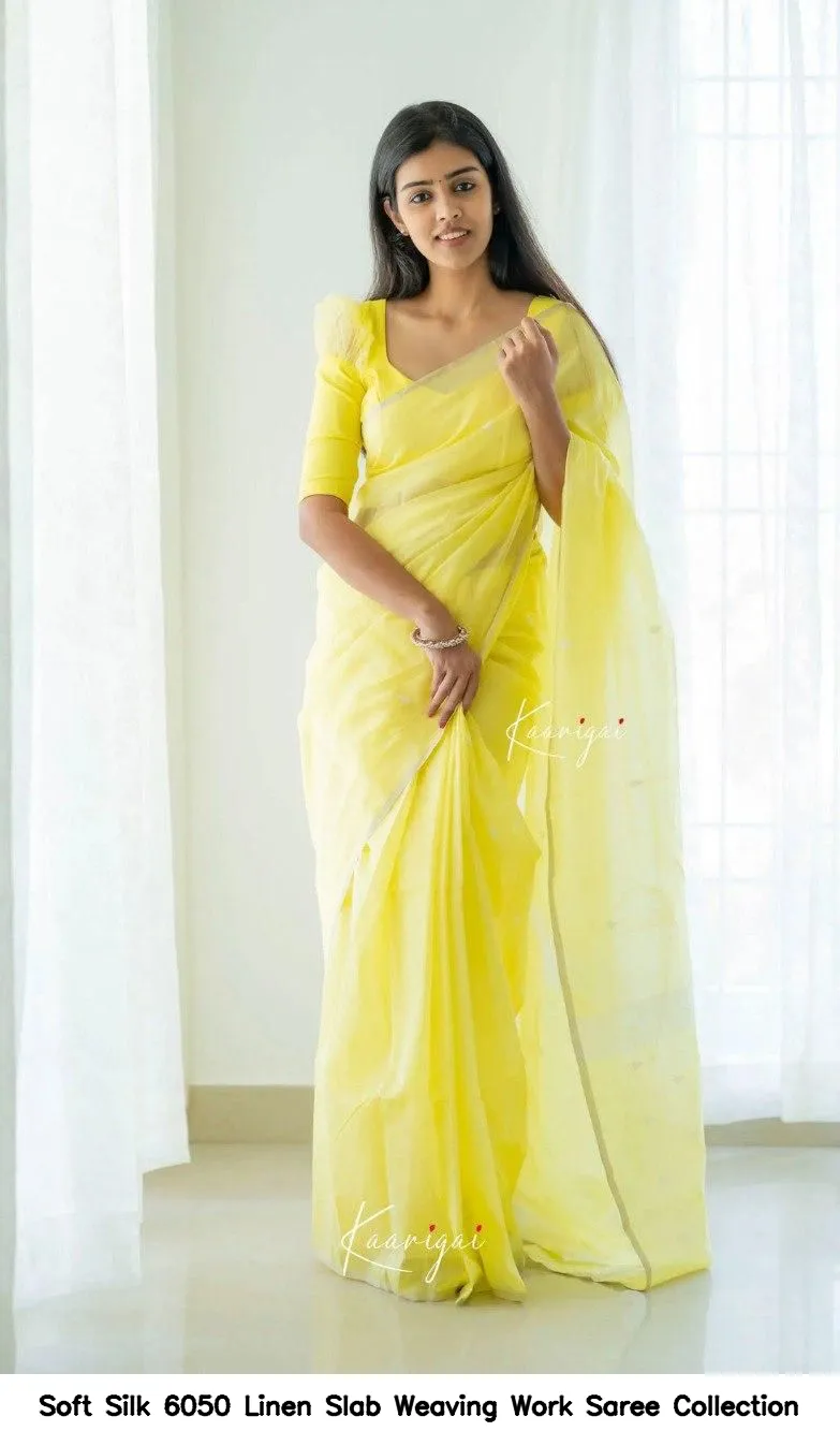 Soft Silk 6050 Linen Slab Weaving Work Saree Collection - Image 9
