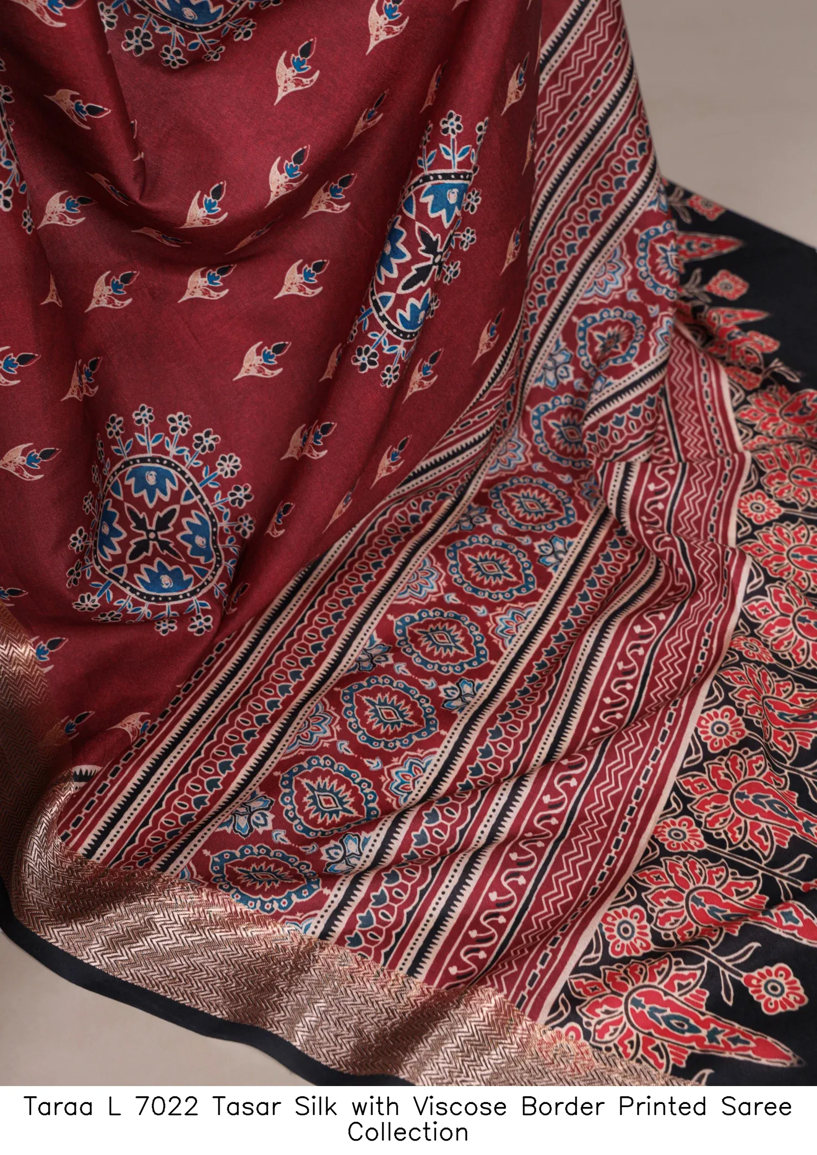 Taraa L 7022 Tasar Silk with Viscose Border Printed Saree Collection - Image 3