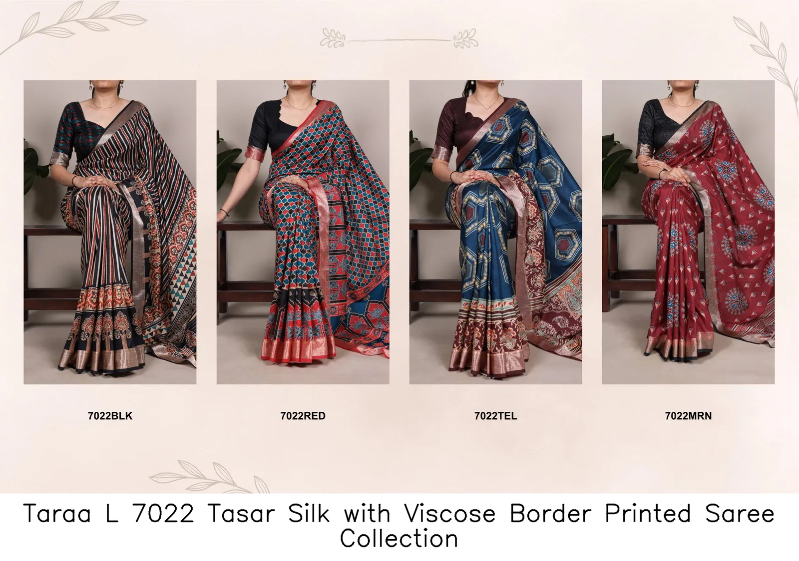 Taraa L 7022 Tasar Silk with Viscose Border Printed Saree Collection - Image 4