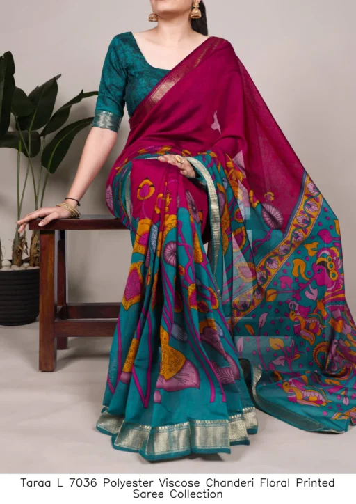 Taraa L 7036 Polyester Viscose Chanderi Floral Printed Saree Collection