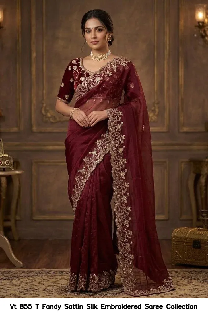 Vt 855 T Fandy Sattin Silk Embroidered Saree Collection - Image 3