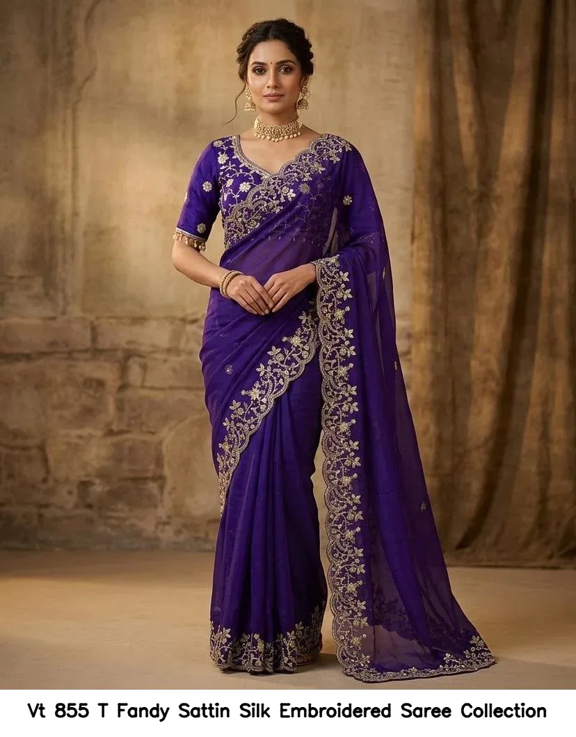 Vt 855 T Fandy Sattin Silk Embroidered Saree Collection - Image 5