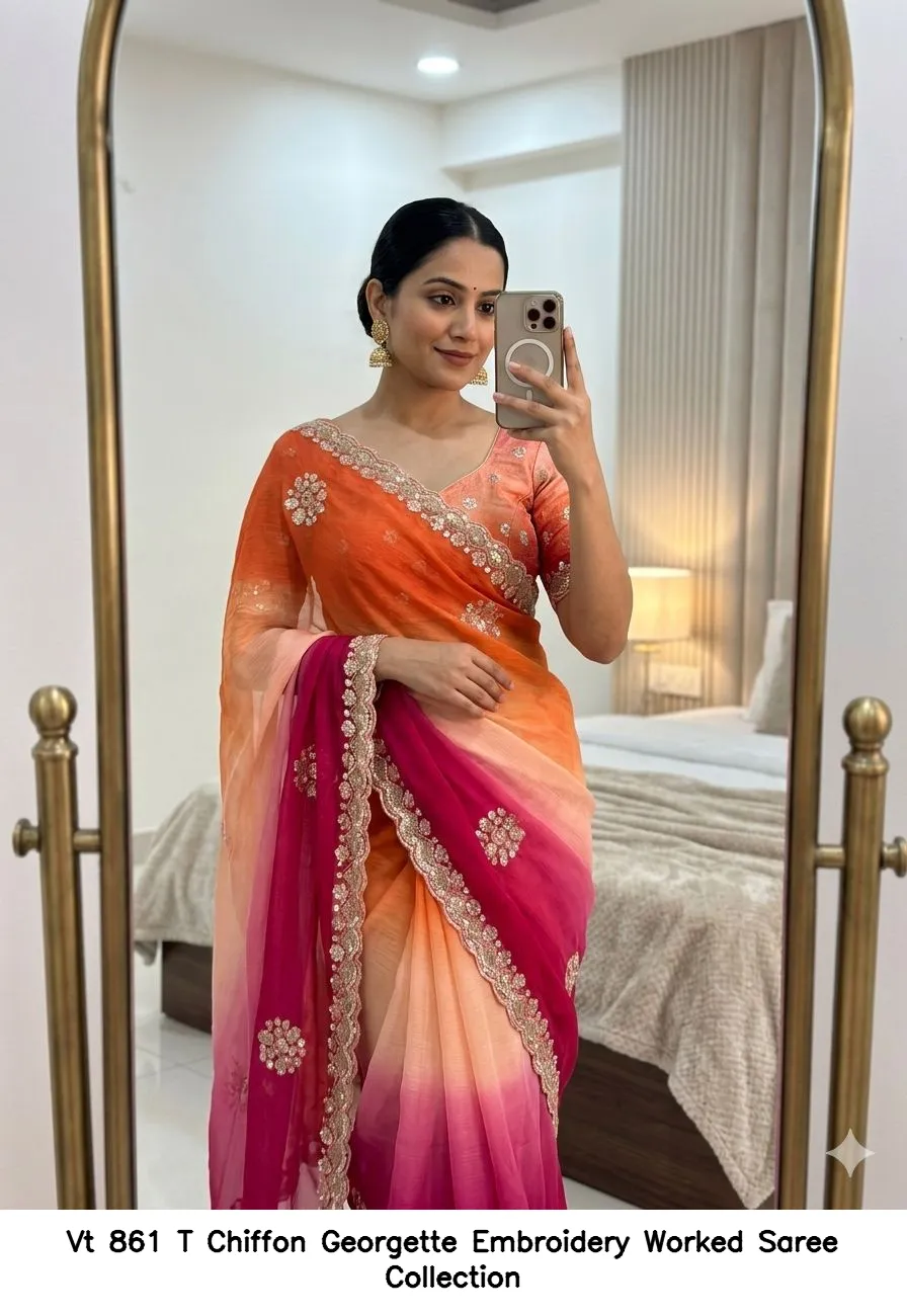 Vt 861 T Chiffon Georgette Embroidery Worked Saree Collection - Image 13