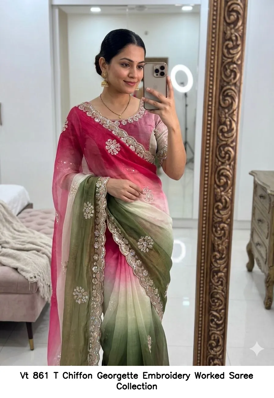 Vt 861 T Chiffon Georgette Embroidery Worked Saree Collection - Image 2