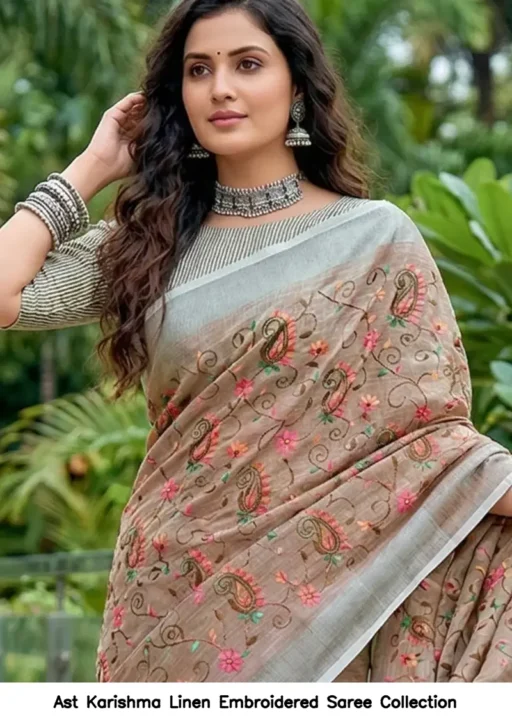 Ast Karishma Linen Embroidered Saree Collection