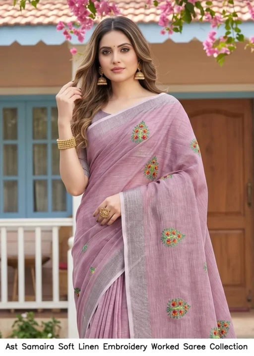 Ast Samaira Soft Linen Embroidery Worked Saree Collection