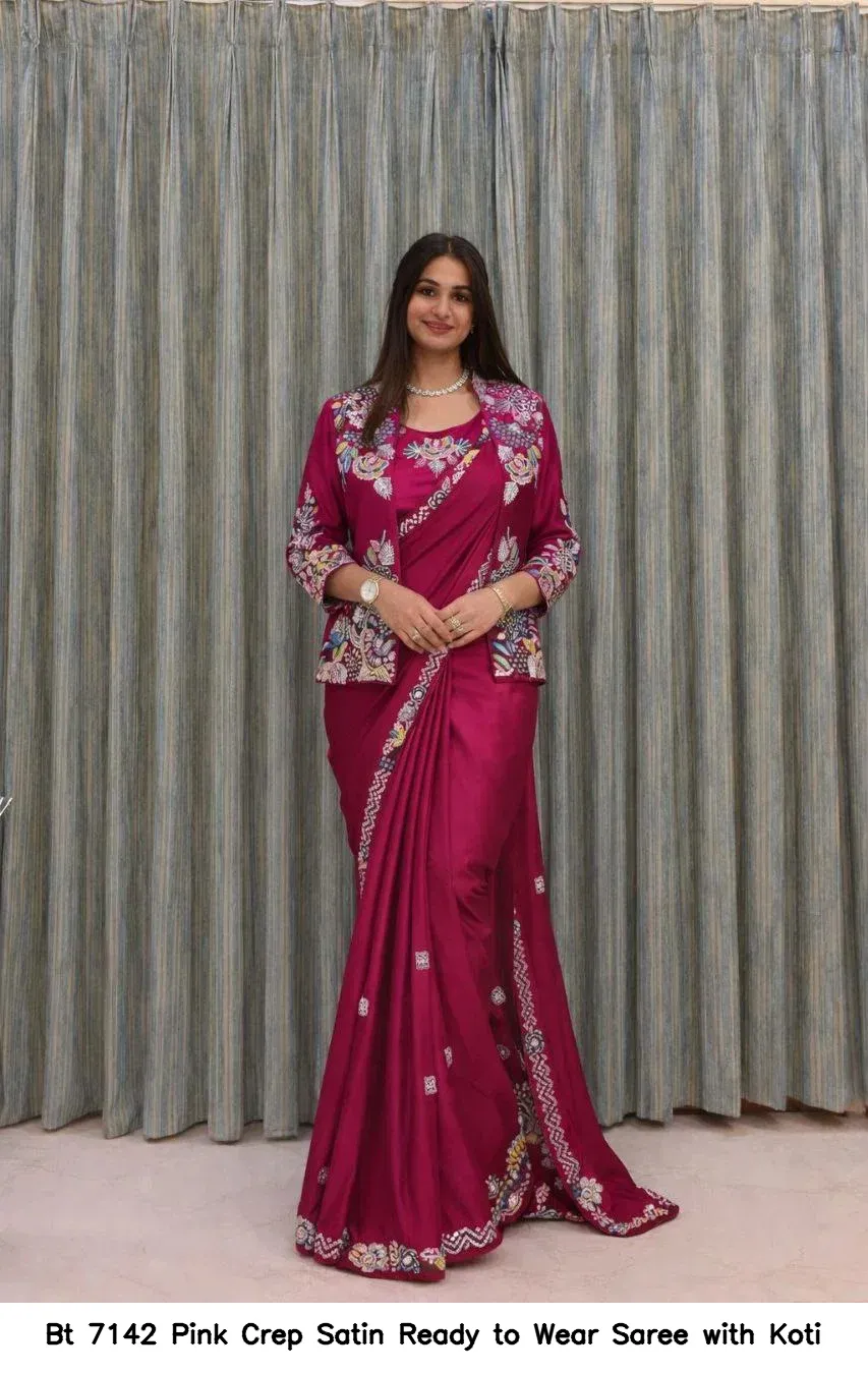 Bt 7142 Pink Crep Satin Ready to Wear Saree with Koti