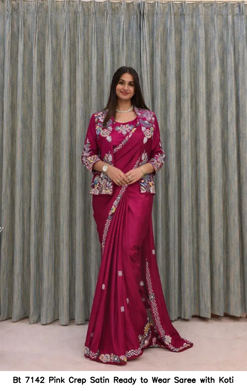 Bt 7142 Pink Crep Satin Ready to Wear Saree with Koti - Image 2