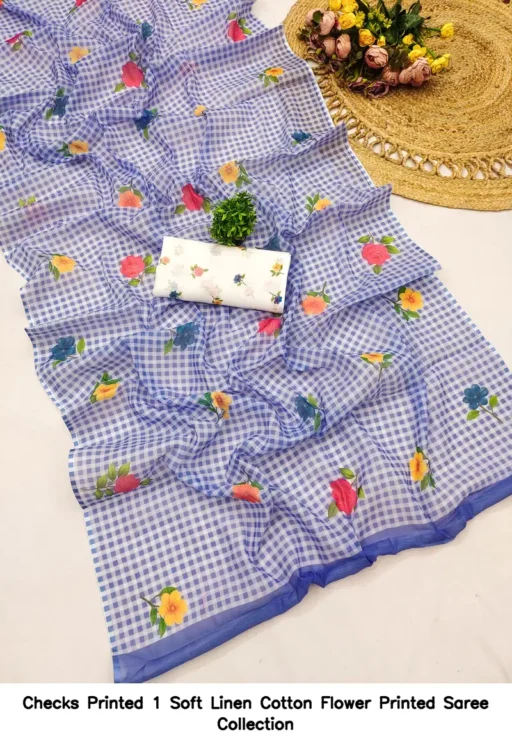 Checks Printed 1 Soft Linen Cotton Flower Printed Saree Collection