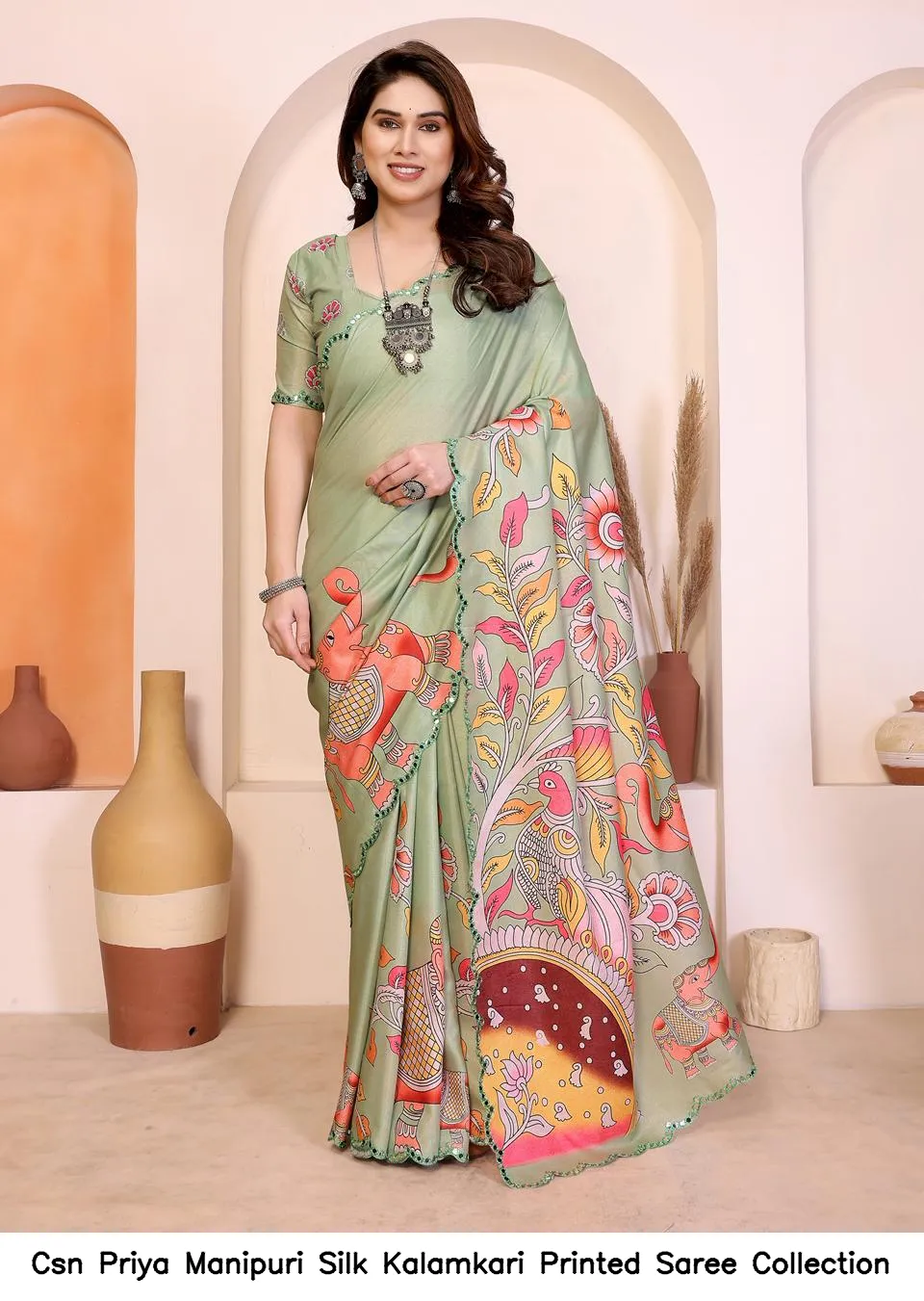 Csn Priya Manipuri Silk Kalamkari Printed Saree Collection - Image 5