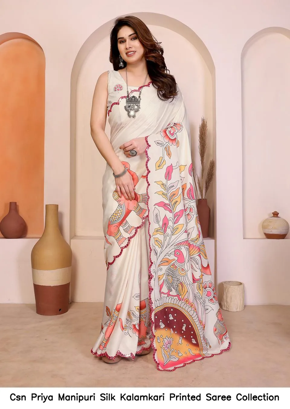 Csn Priya Manipuri Silk Kalamkari Printed Saree Collection - Image 6