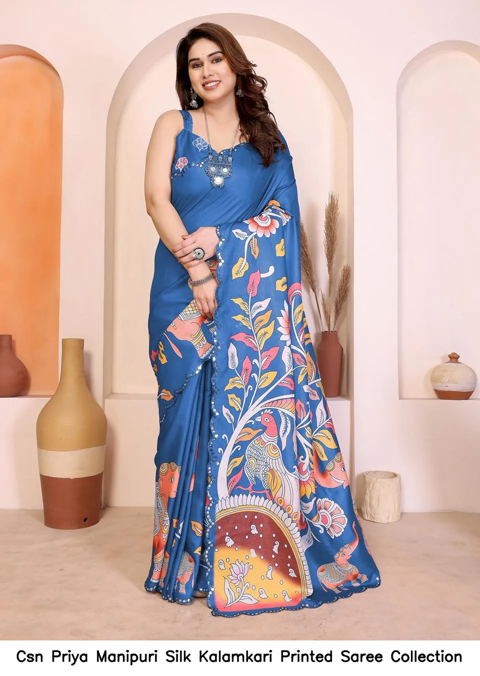 Csn Priya Manipuri Silk Kalamkari Printed Saree Collection - Image 7
