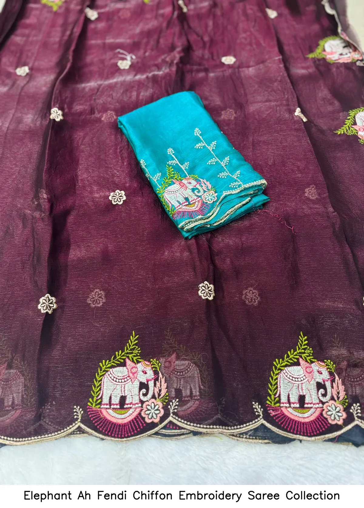 Elephant Ah Fendi Chiffon Embroidery Saree Collection - Image 3