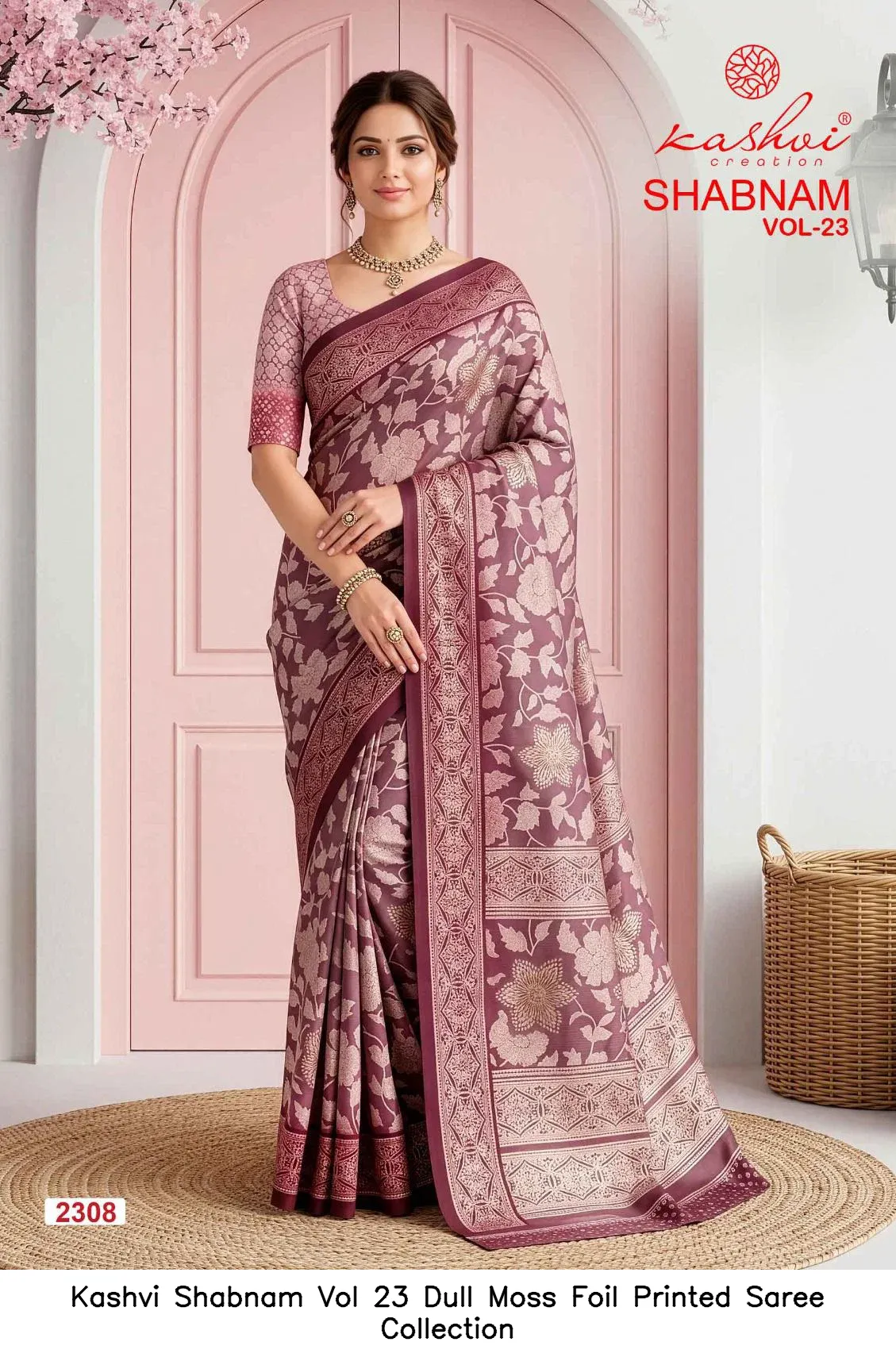 Kashvi Shabnam Vol 23 Dull Moss Foil Printed Saree Collection - Image 3