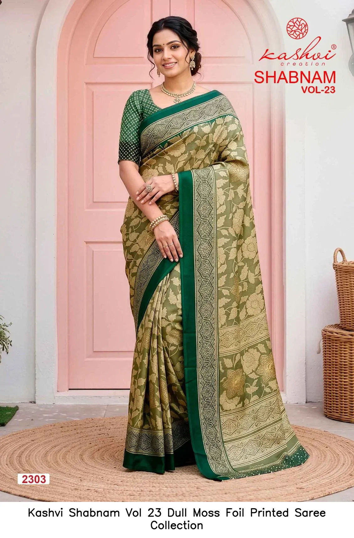 Kashvi Shabnam Vol 23 Dull Moss Foil Printed Saree Collection - Image 4