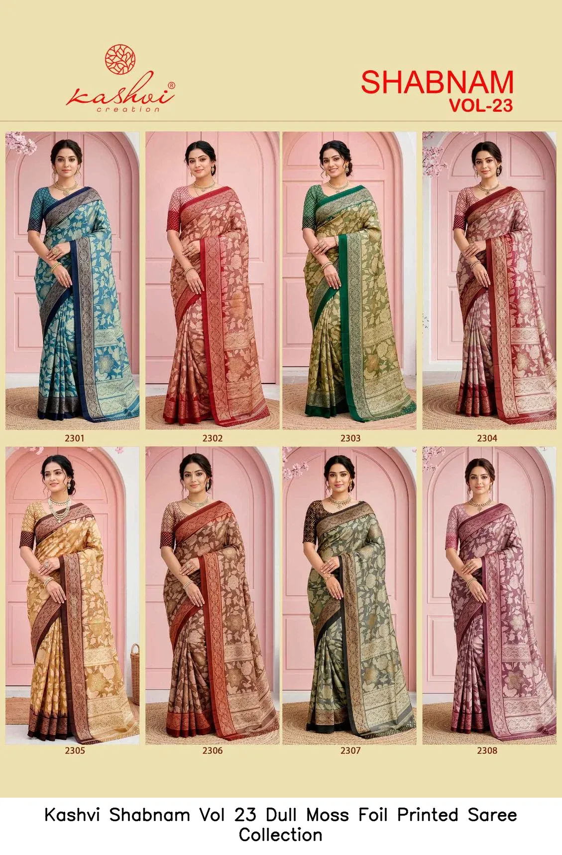 Kashvi Shabnam Vol 23 Dull Moss Foil Printed Saree Collection - Image 7