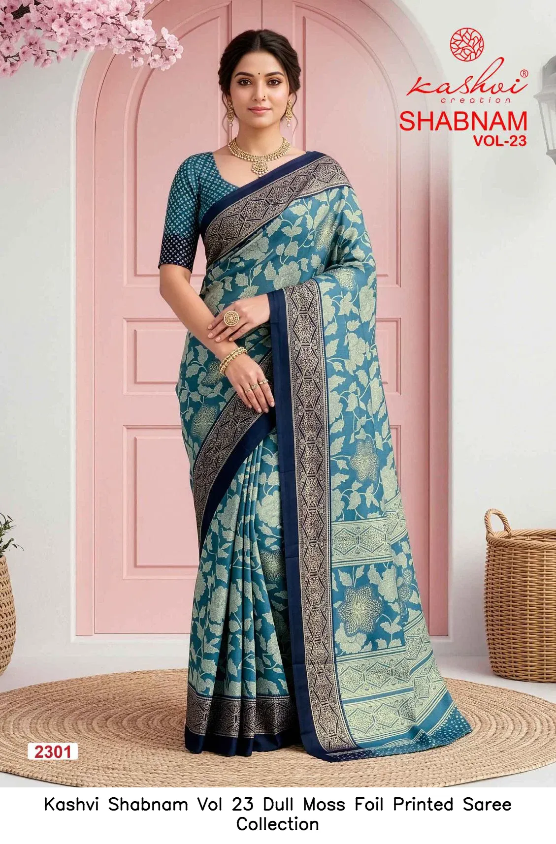 Kashvi Shabnam Vol 23 Dull Moss Foil Printed Saree Collection - Image 9