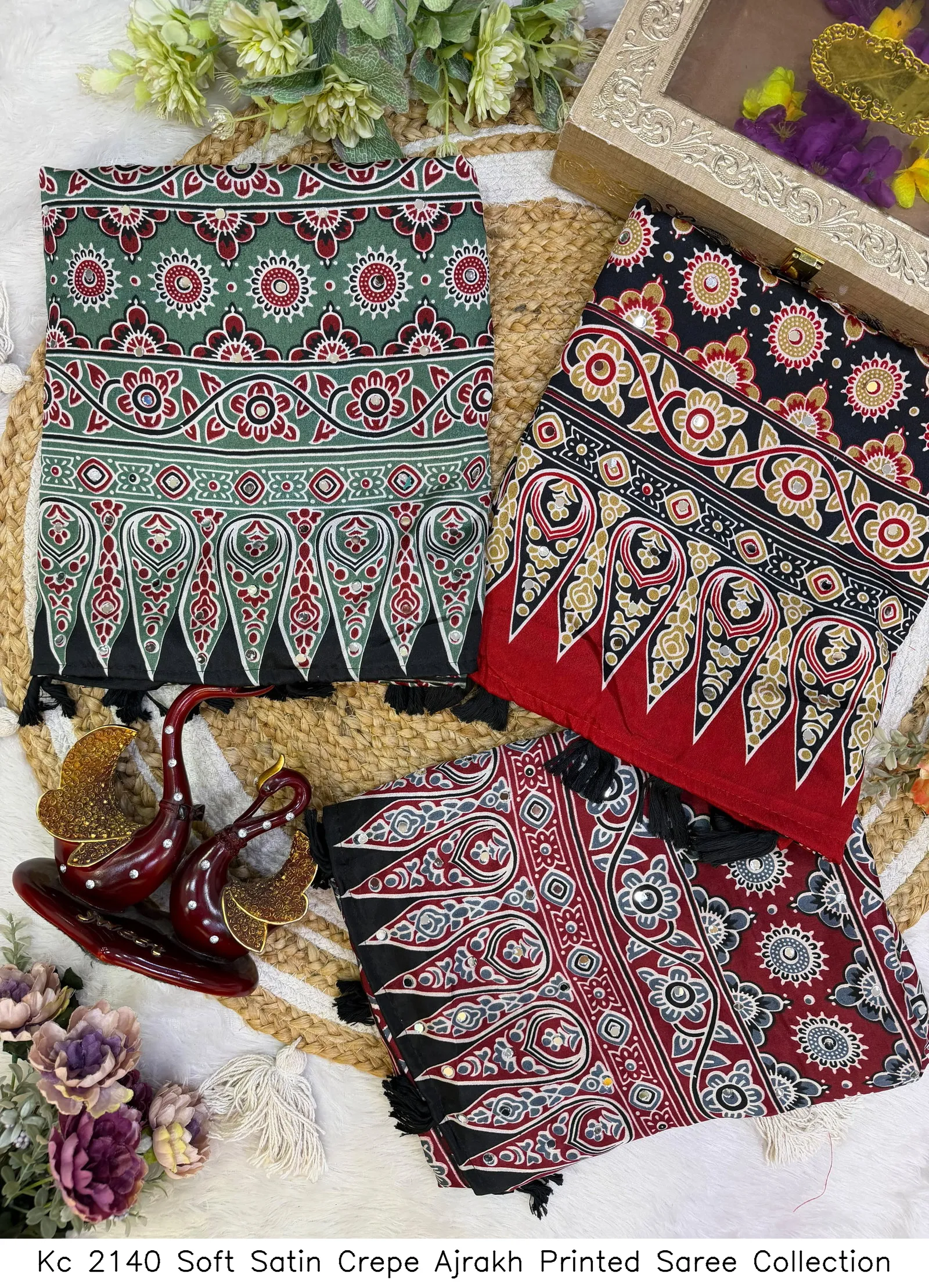 Kc 2140 Soft Satin Crepe Ajrakh Printed Saree Collection - Image 2