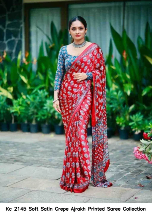 Kc 2145 Soft Satin Crepe Ajrakh Printed Saree Collection