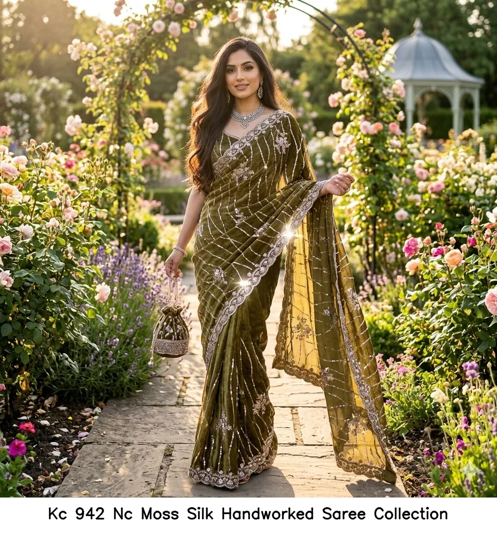 Kc 942 Nc Moss Silk Handworked Saree Collection