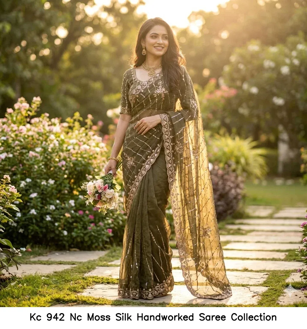 Kc 942 Nc Moss Silk Handworked Saree Collection - Image 11