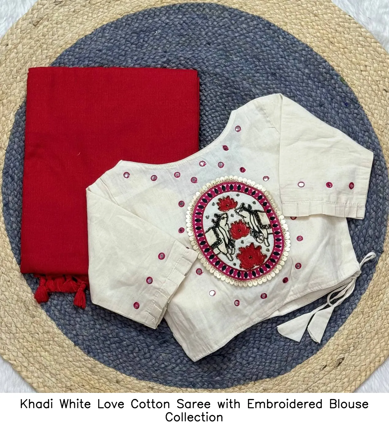 Khadi White Love Cotton Saree with Embroidered Blouse Collection - Image 10