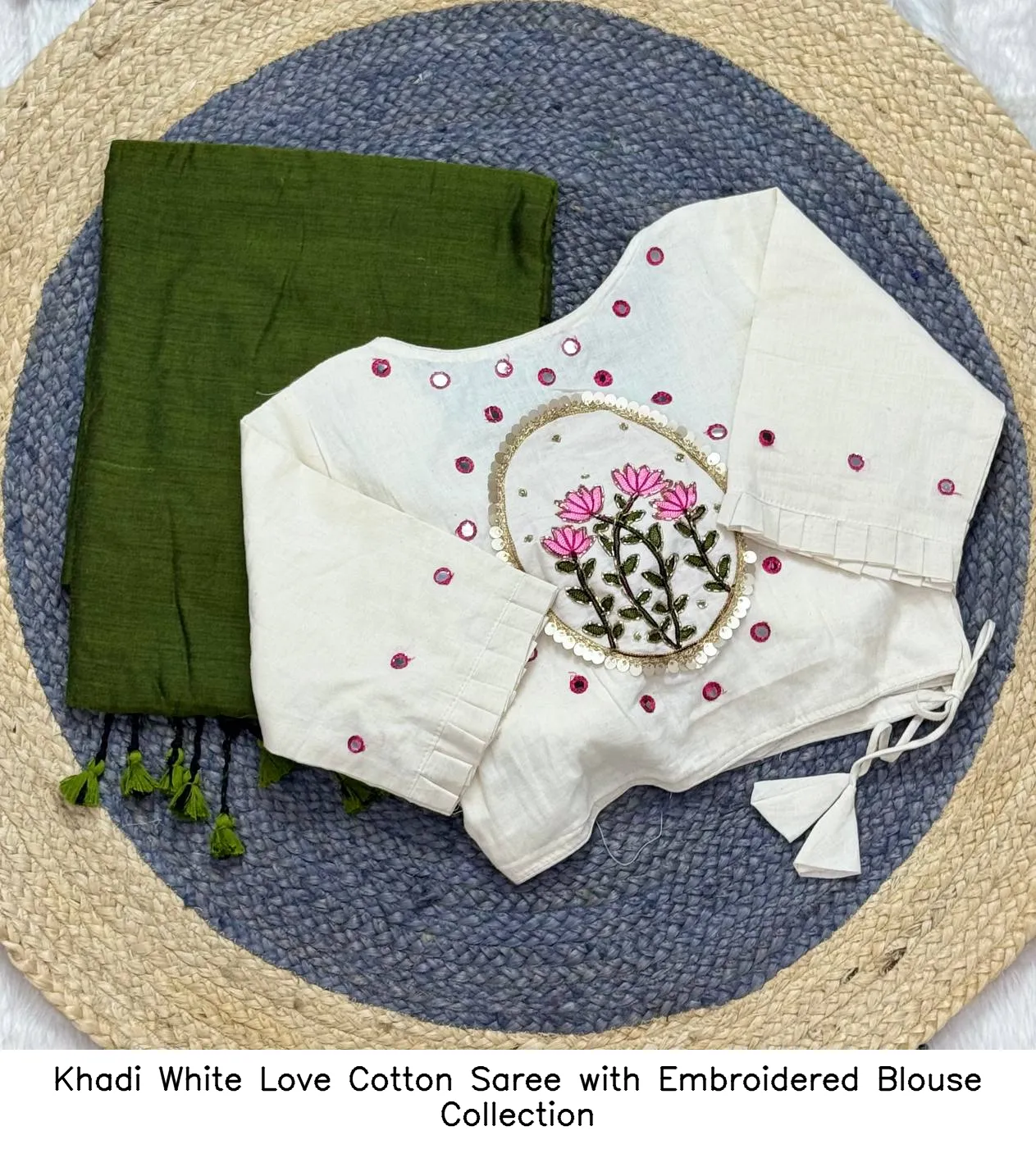 Khadi White Love Cotton Saree with Embroidered Blouse Collection - Image 11