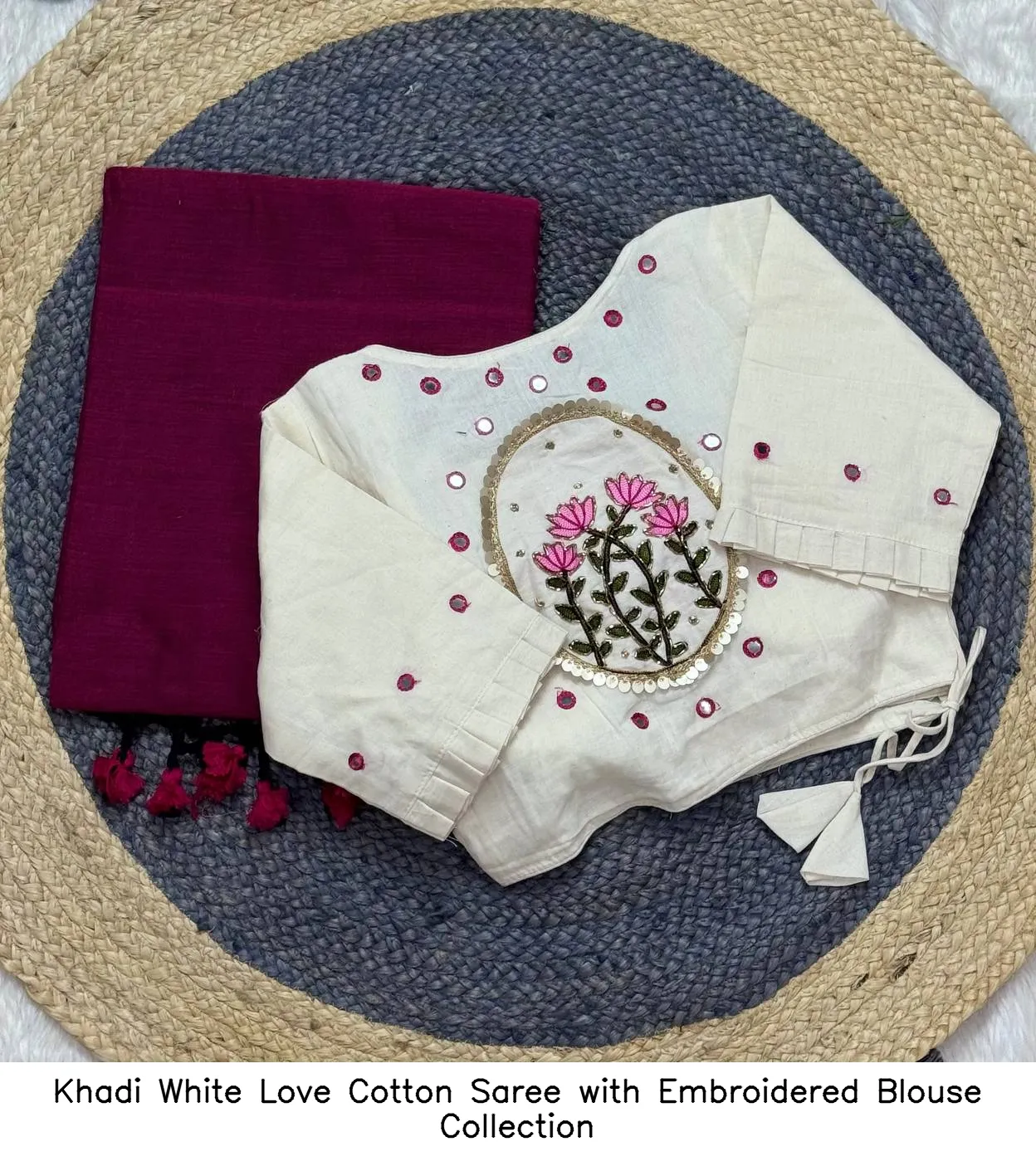 Khadi White Love Cotton Saree with Embroidered Blouse Collection - Image 2