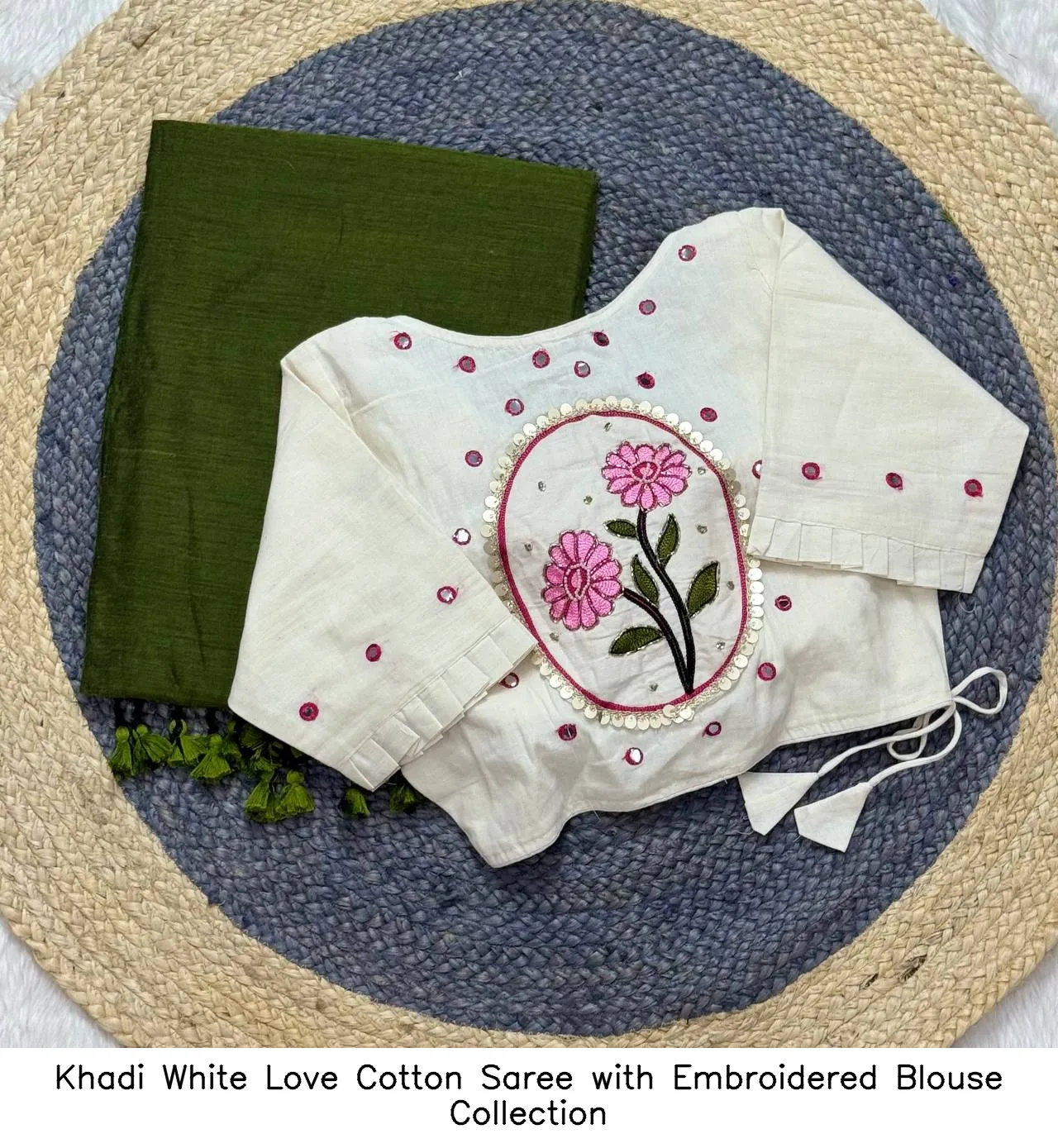 Khadi White Love Cotton Saree with Embroidered Blouse Collection - Image 3