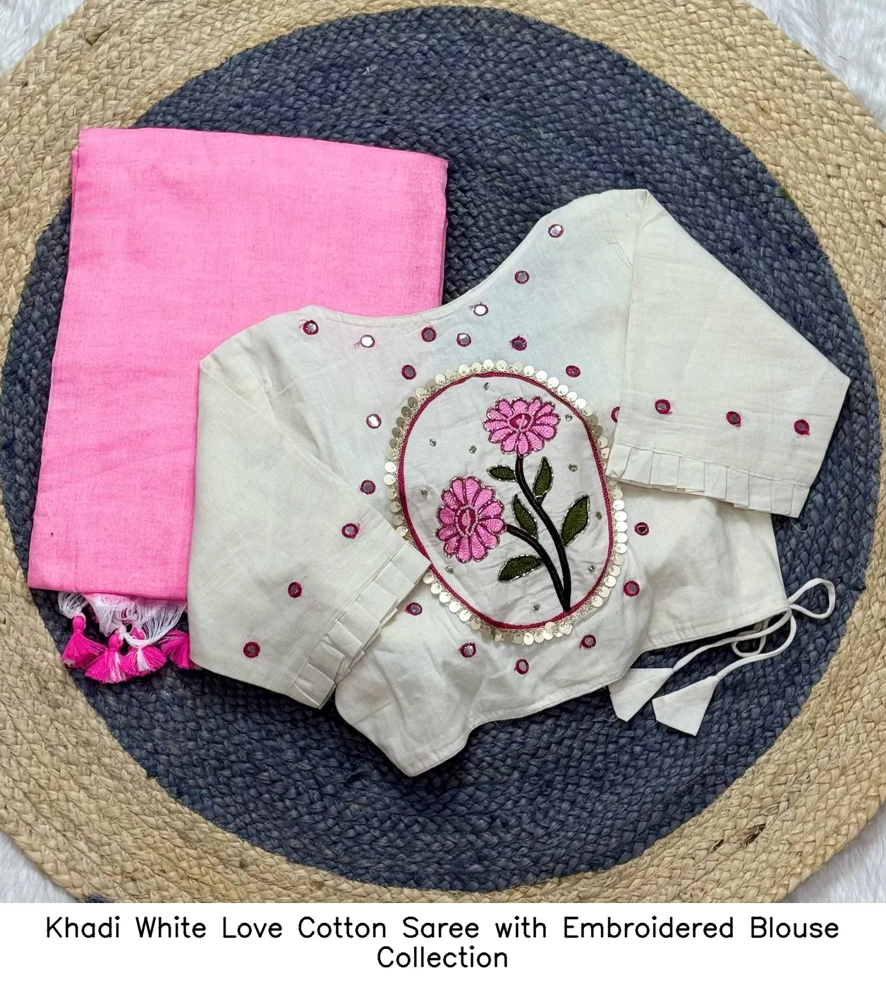 Khadi White Love Cotton Saree with Embroidered Blouse Collection - Image 6