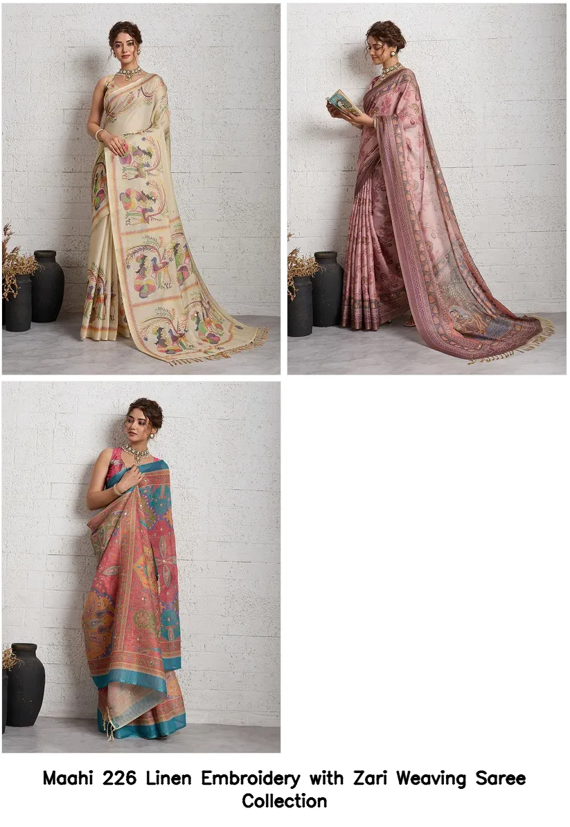 Maahi 226 Linen Embroidery with Zari Weaving Saree Collection - Image 3