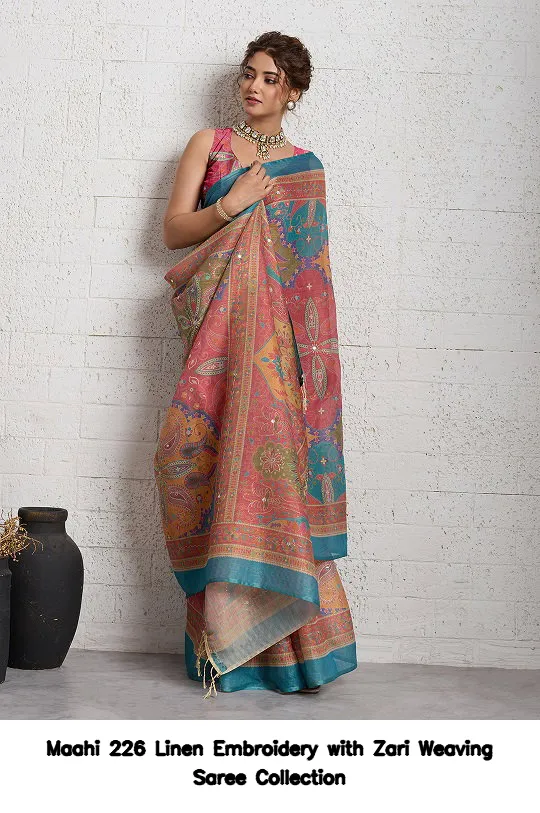 Maahi 226 Linen Embroidery with Zari Weaving Saree Collection - Image 4
