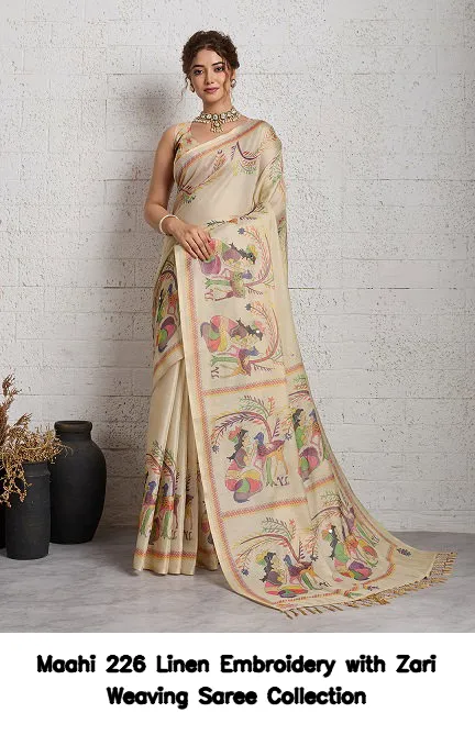 Maahi 226 Linen Embroidery with Zari Weaving Saree Collection - Image 5